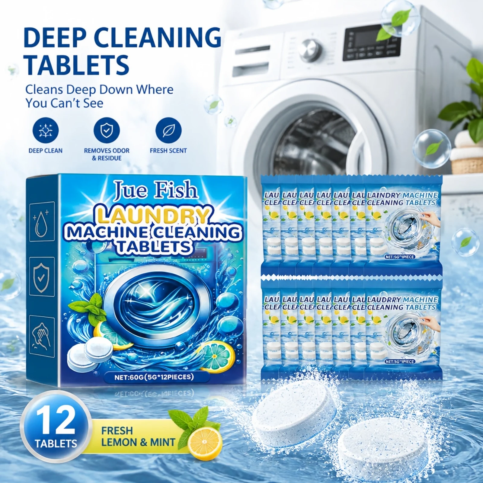 Laundry Machine Cleaner Tablets 12PCS Deep Cleaning Protect Machine No Irritation for All Water Quality Household Use