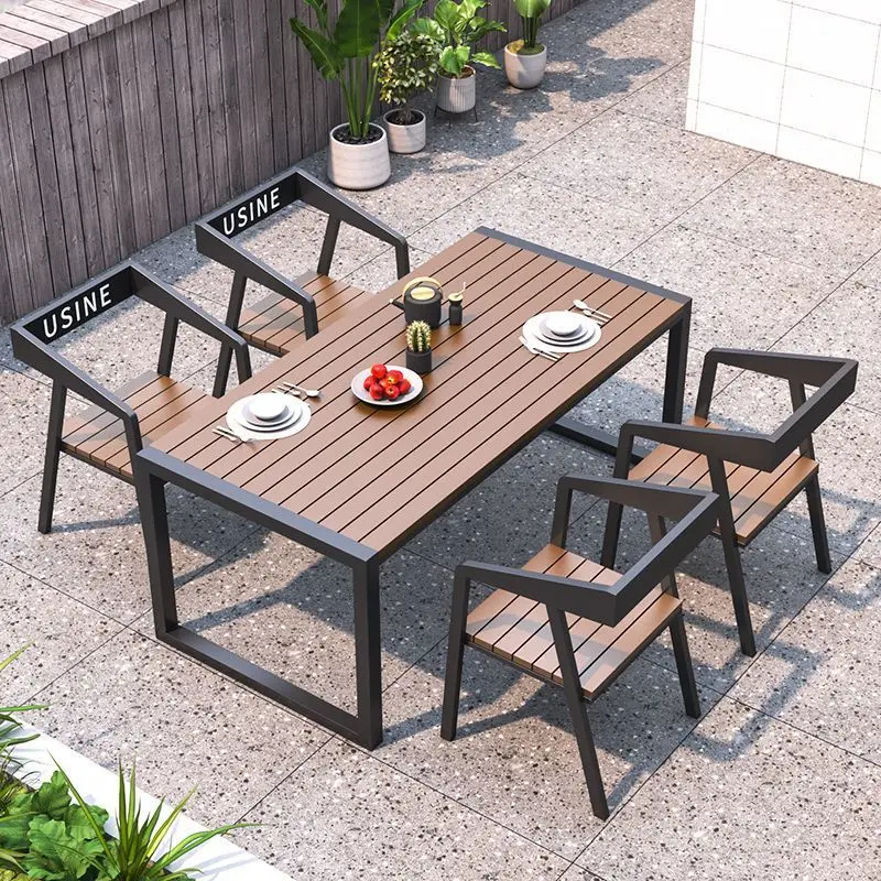 Outdoor courtyard tables and chairs Outdoor waterproof and sunscreen Top floor park leisure balcony Iron wood barbecue table