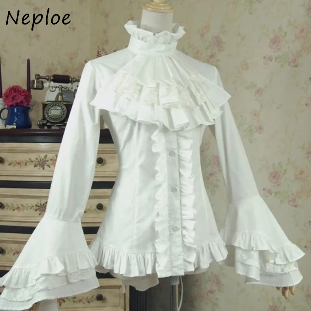 

Neploe Long Sleeve Court Dark Y2K Goth Ropa Mujer Flare Sleeve Bow Stand Collar Shirts Fungus French Japanese Minority Blouses