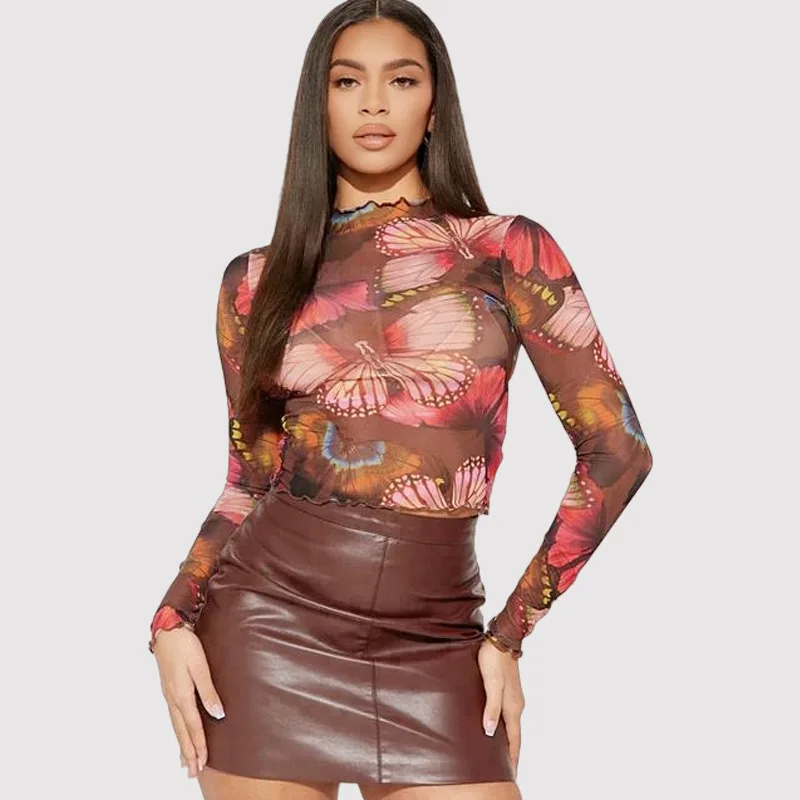 محطة مستقلة شبكة فراشة الطباعة قصيرة الأكمام تي شيرت المرأة الاتجاه الأعلى T-shirt2025 جديد #2