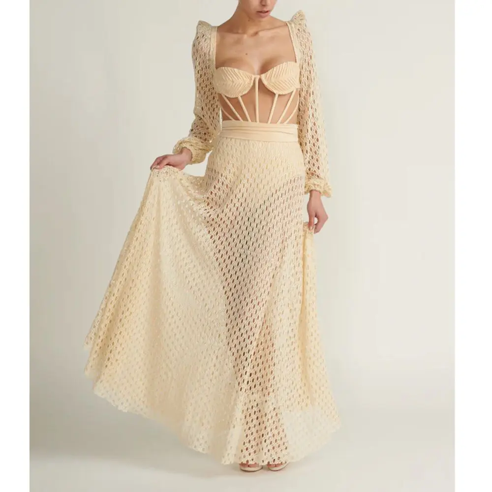 Robe de plage en jersey à lacets, découpe naturelle, crochet-107, maillot de bain maxi, tendance de la mode, solide, taille haute, bikini sexy