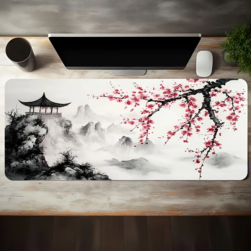 Ink Wash Landscape Cherry Blossom Desk Mat Large Gaming Mouse Pad Non-Slip Rubber Base Desktop Protector for Office Gaming