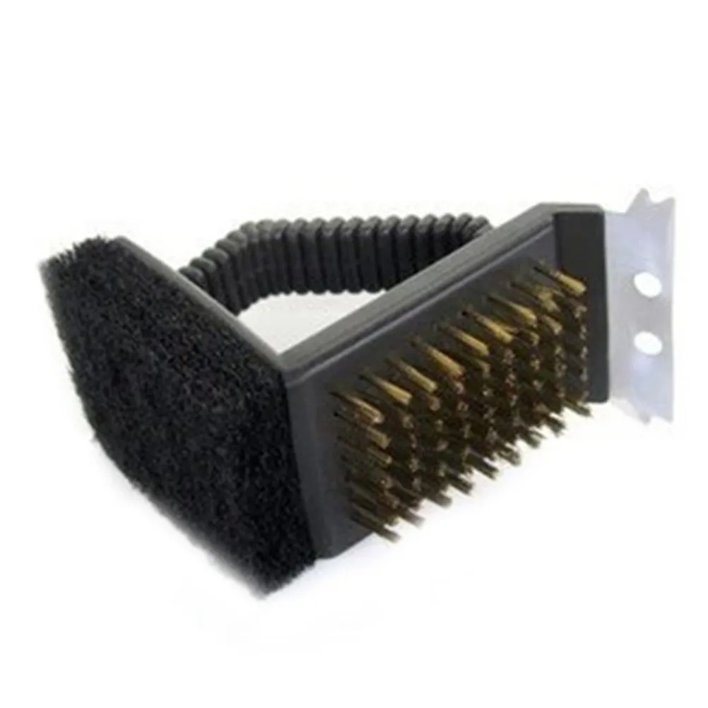 BBQ Grill Brush 3 in 1 Stainless Steel Scraper Brass Bristles Scouring Pad Ergonomic Handle