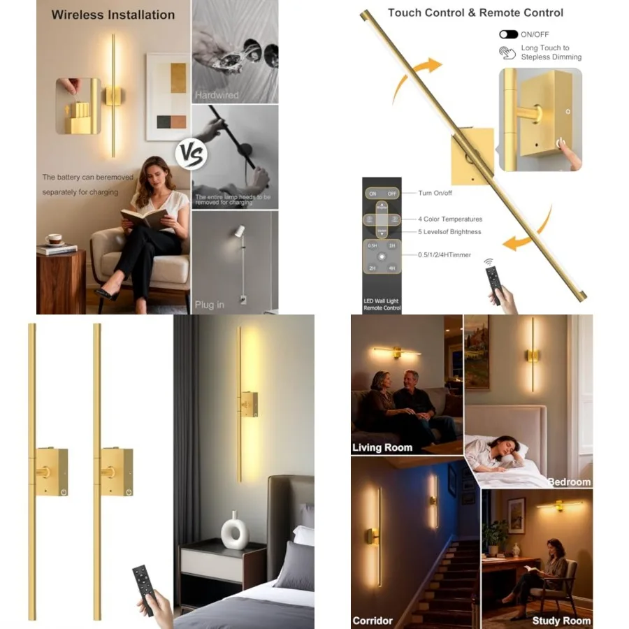 

Battery Operated Wall Sconces Set of 2: 10000mAh Rechargeable Wall Lights with Remote, 360° Rotate 3000K-6000K LED Wireless Wal