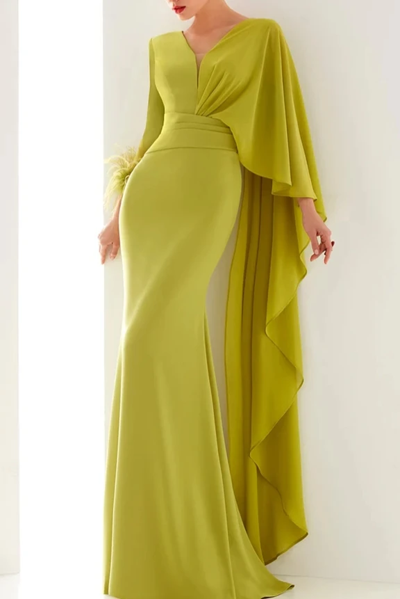 

Solid color V-neck shawl sleeve design high waisted long skirt