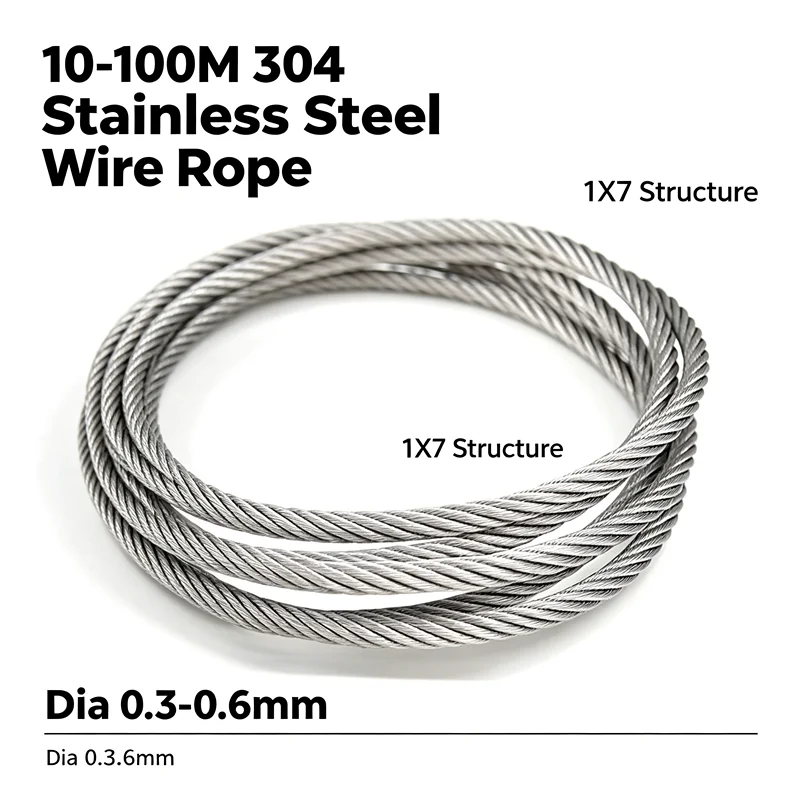 10-100M 1X7 Structure 304 Stainless Steel Wire Rope Dia 0.3-0.6mm Soft Cable Fishing Lifting Bearing Steel Cable