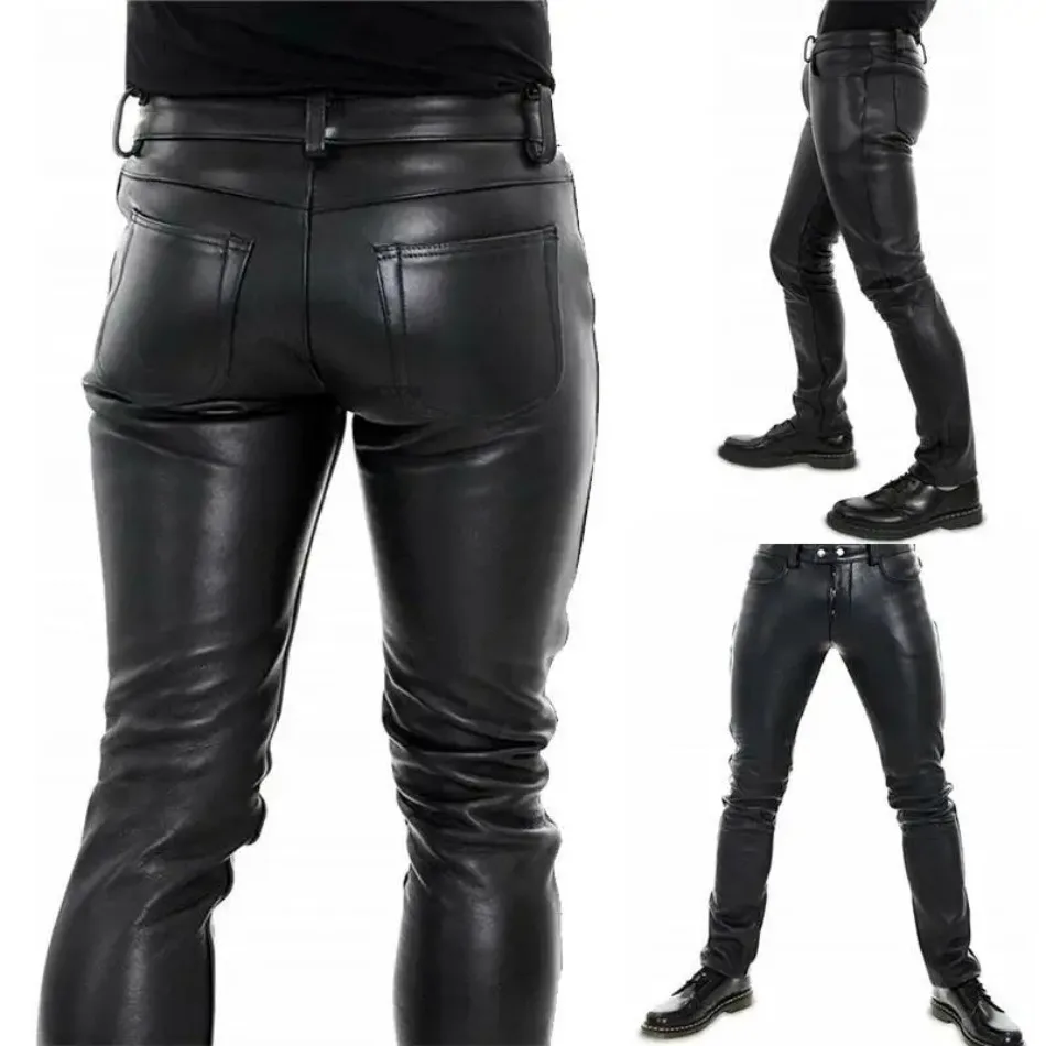 Men\'s Leather Pants  2022 New Solid Color PU Leather Motorcycle Pants Elastic Leisure Punk Style Slim Fit Full Length Trousers