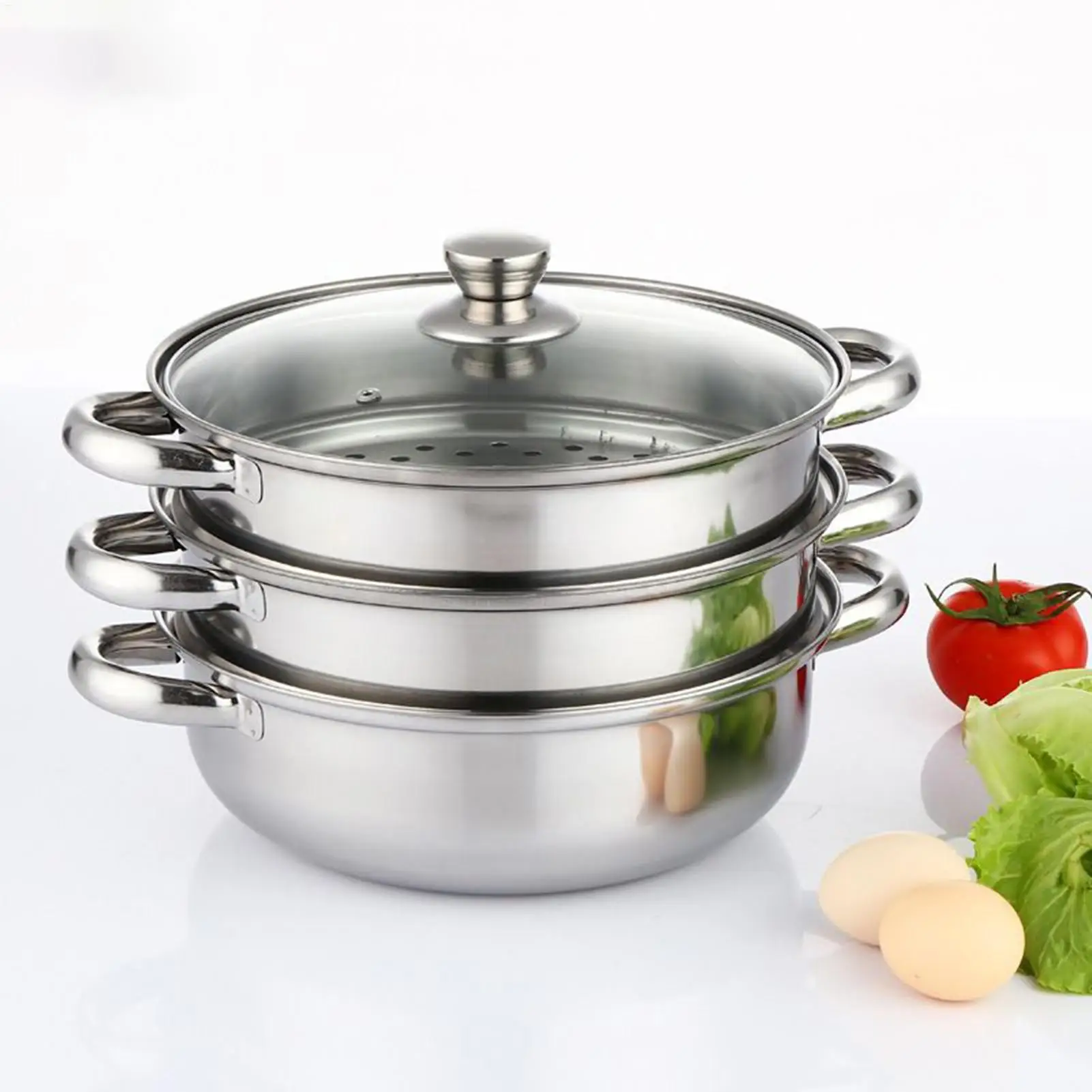 Edelstahl-Dampfgarer-Topf-Set mit Glasdeckel, mehrschichtiges, stapelbares Kochgeschirr für Knödel, Fisch, Gemüse, gesunde Mahlzeiten, Kochen