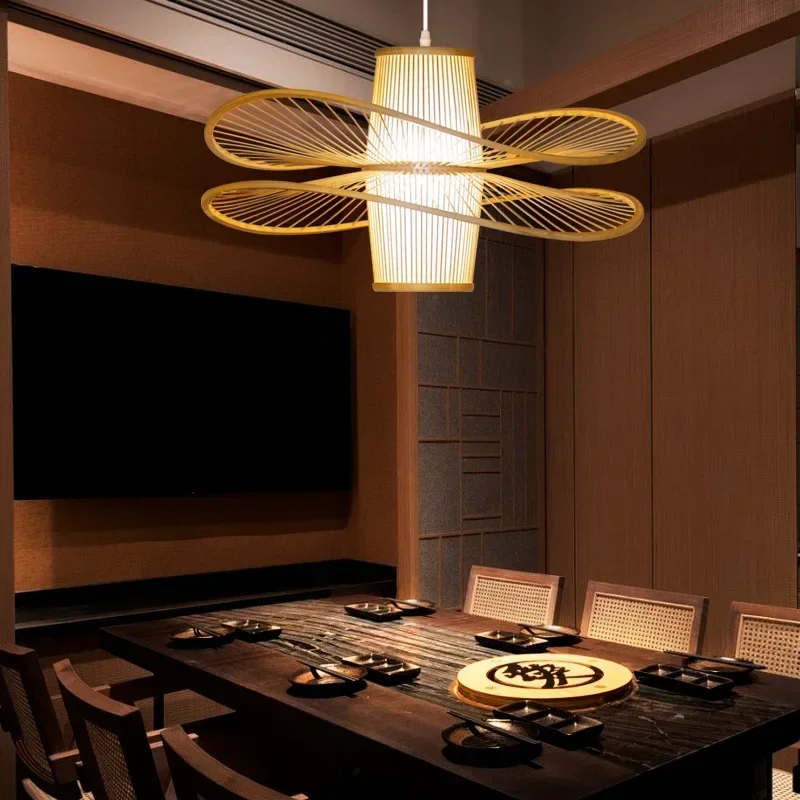 New Chinese Style Restaurant Chandelier Art Bamboo Woven Lights Chinese Style Hot Pot Restaurant Tea
