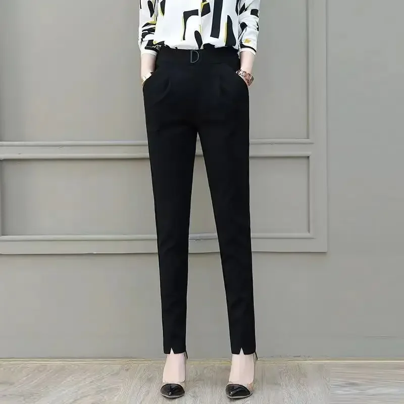 

Office Lady Letter Sashes Solid Color Pockets Elastic High Waisted Women's Clothing Spring Autumn Trousers Pencil Elegant Pants