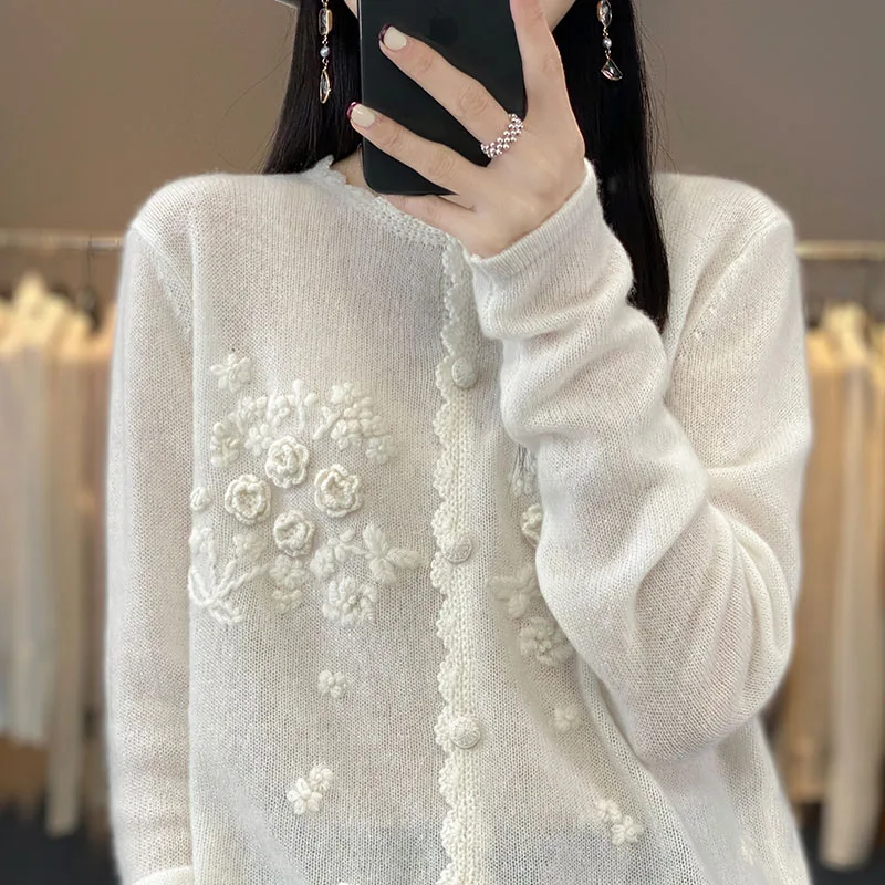 Pure Cashmere Women Sweater Autumn Winter New Lace Round Neck Cardigan Fashion Embroidery Casual Knitted Soft Jacket Tops