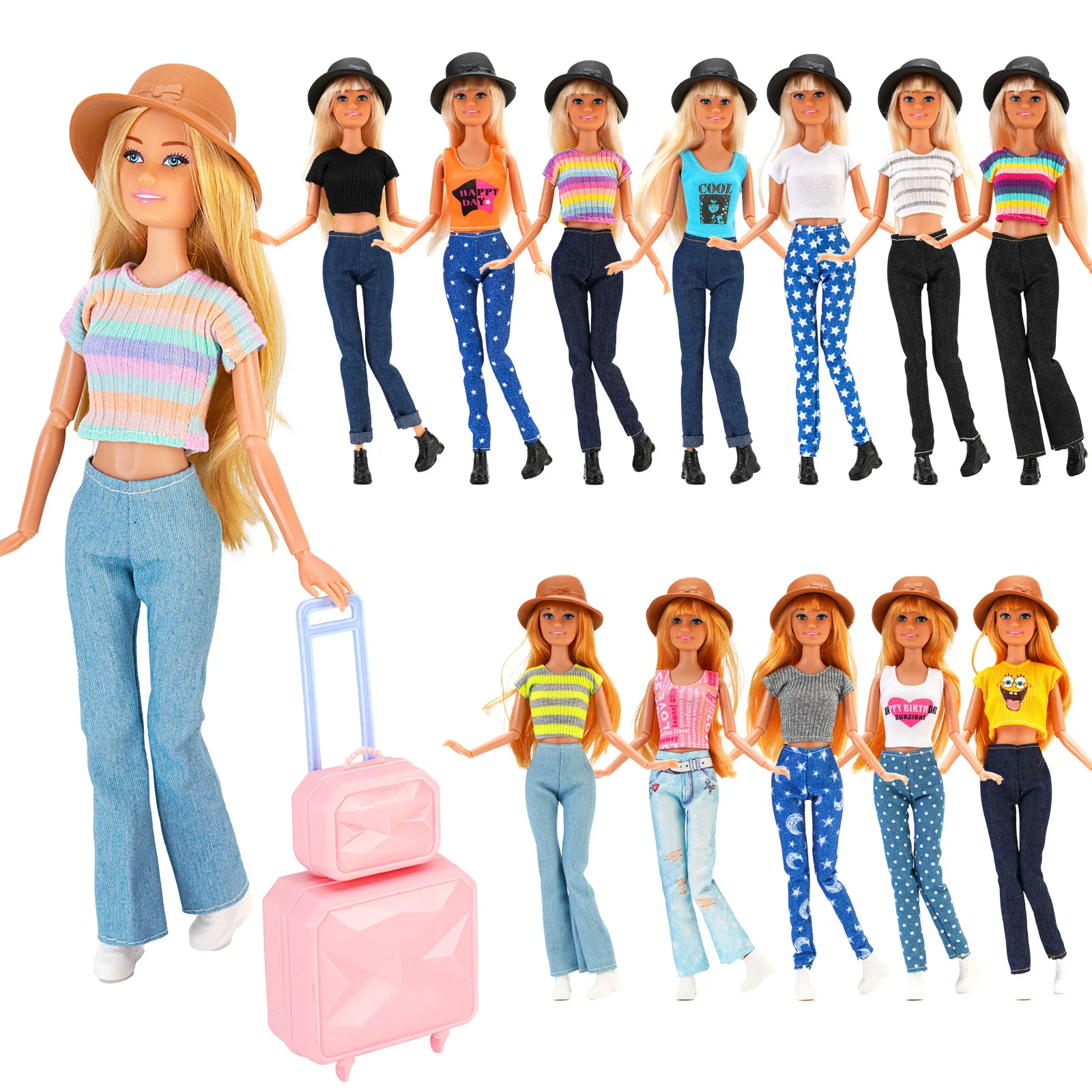 

Temperament 11 Inch 30CM Doll Fashion Travel Various Striped Shirts Jeans Hats Toy Accessories Cross-border Girl Birthday Gift