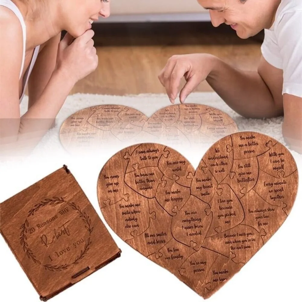 Wooden 20 Reasons Why I Love You Heart Shape Anniversary Valentines Day Puzzle Romantic Couple Love Puzzle For Him and Her