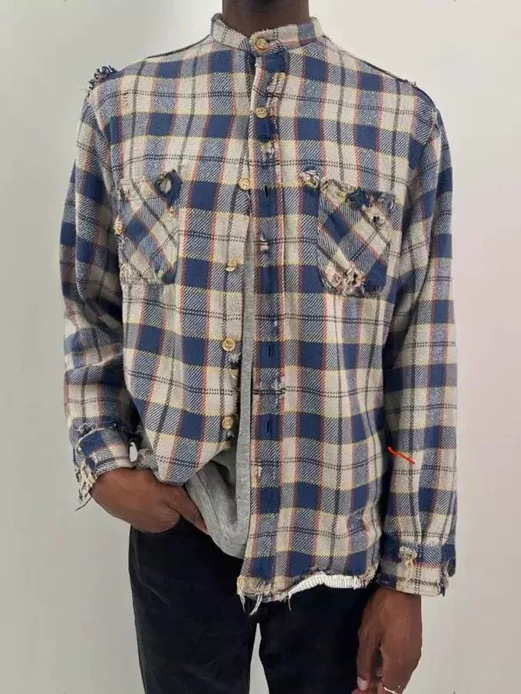 

Vintage6 Hidden Pattern Vujade 004 Plaid Destroyed Casual Shirt Jacket Loose Fit Long Sleeve Cotton Autumn Wear for Youth