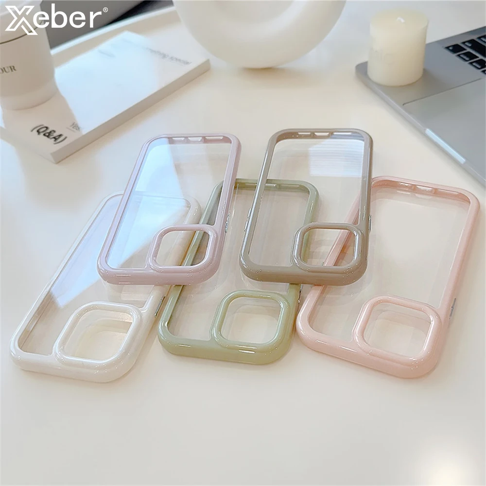 Luxury Candy Color Frame Bumper Transparent Phone Case For iPhone 15 11 12 13 14 Pro Max Plus X XR XS Shockproof PC Clear Cover