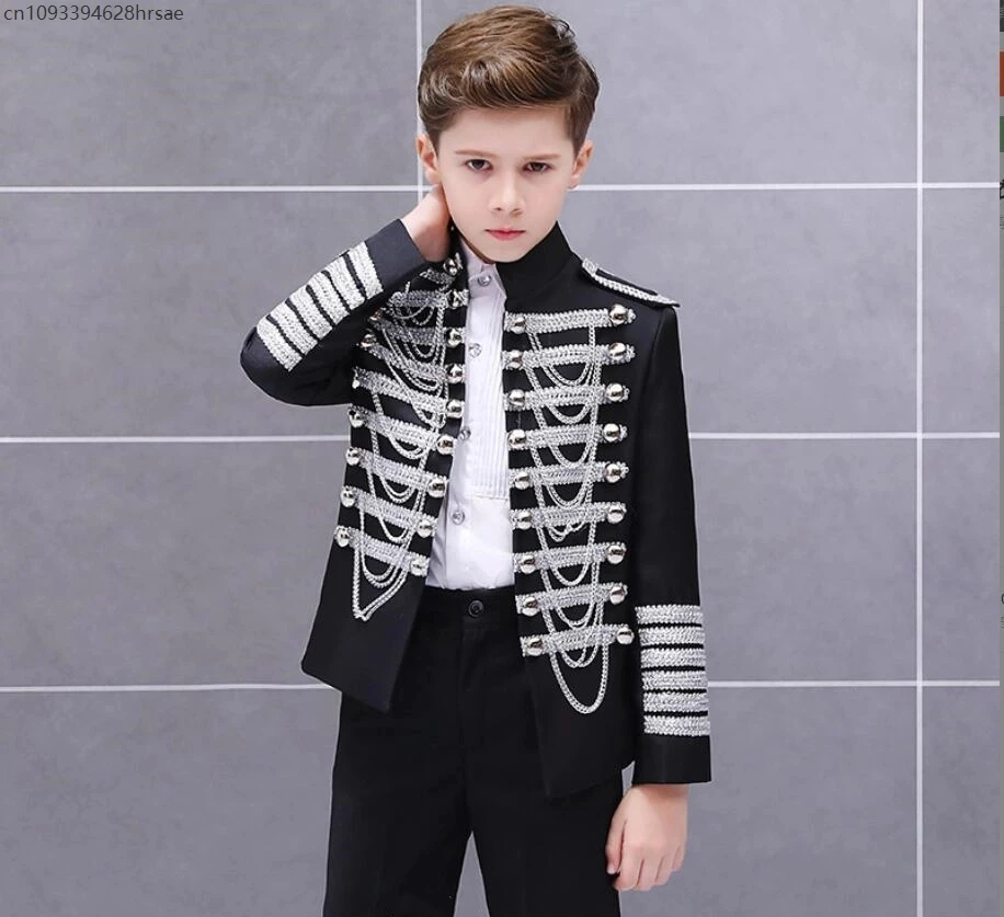 Kids Marching Band Costume Military Tassel Chains Jacket Steampunk Prince Coat Pop Stage Dacing Costume Officer Cosplay
