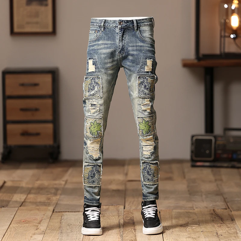 

Street Fashion Men Jeans Retro Washed Blue Stretch Skinny Fit Ripped Jeans Men Embroidery Patched Designer Hip Hop Denim Pants