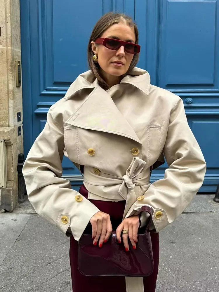 

HH 2025 Spring Women's Street Casual Lace-up Short Trench Coat Retro V-neck Double Breasted Women's Pocket Top Loose Jacket