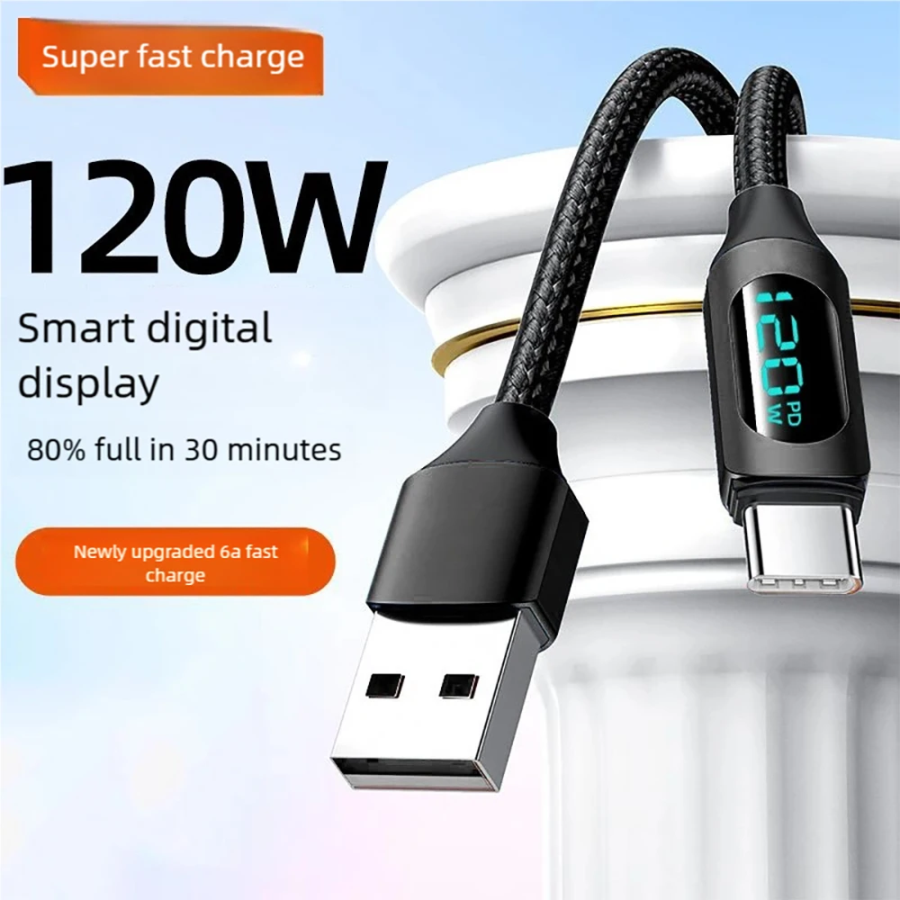 

120W USBA to Type-C 6A Fast Charge Cable Nylon Braided with LED Display for POCO Realme Samsung Xiaomi iPhone 16 Macbook iPad