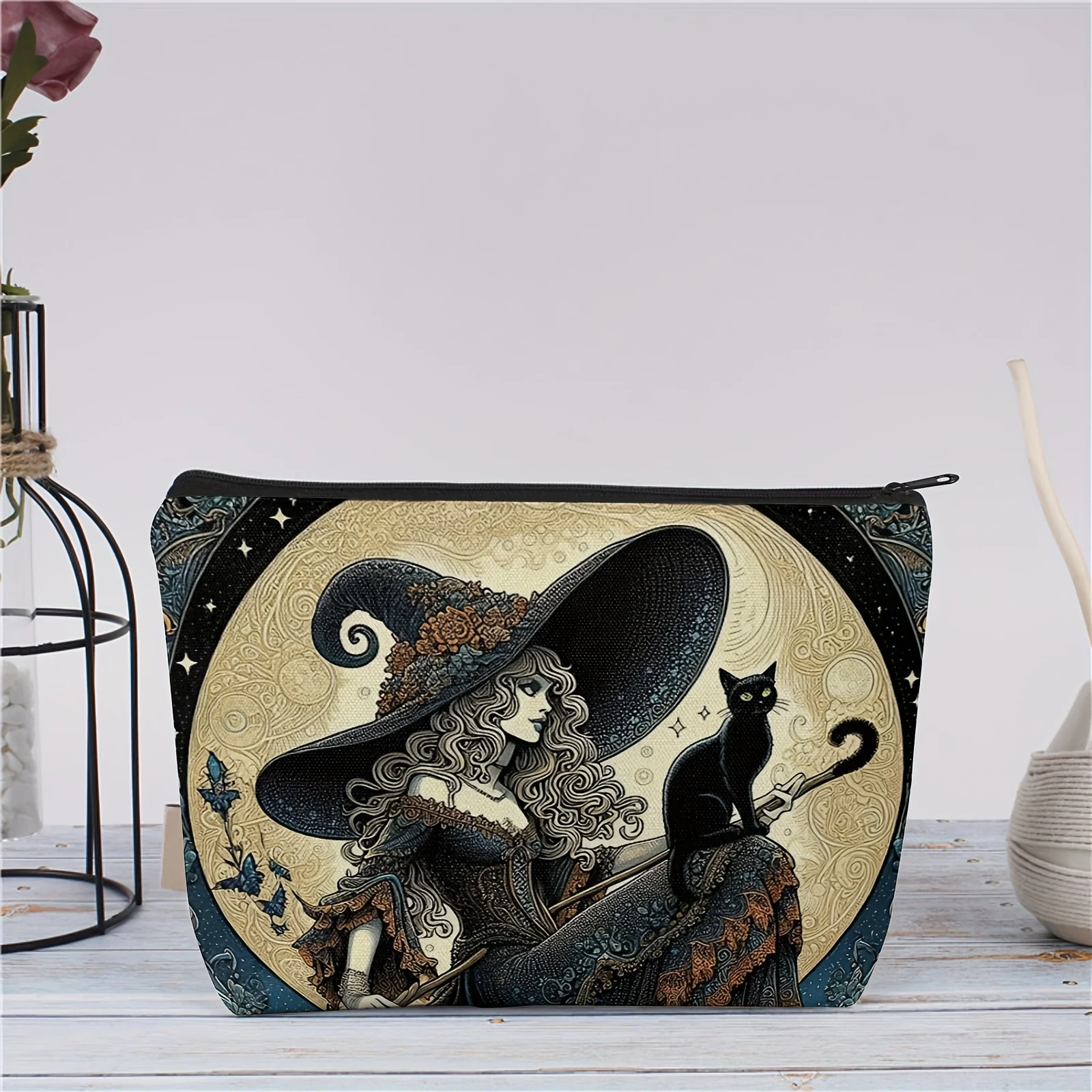 A Witch and cat designed cosmetic bag - cute multifunctional zipper pouch, jewelry storage bag