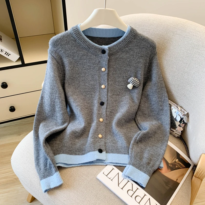 Sweet Preppy Knitted Cardigan Women Autumn Long Sleeve Patchwork Sweater Korean Fashion Button Loose Casual Student Kawaii Tops