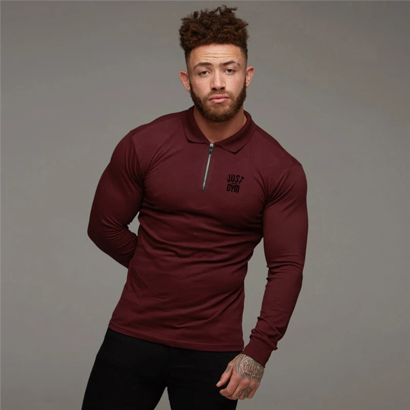 Men\'s Running Fitness Zippered Lapel Polo Shirts Autumn Cotton Long Sleeve Slim Fit Tees Gym Bodybuilding Workout Muscle Shirt