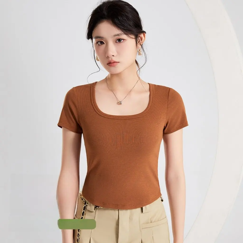 

Women's Slim Fit Short-Sleeved T-Shirt with Integrated Breast Pad And Cup Casual Plaid Fashion Top for Spring And Summer