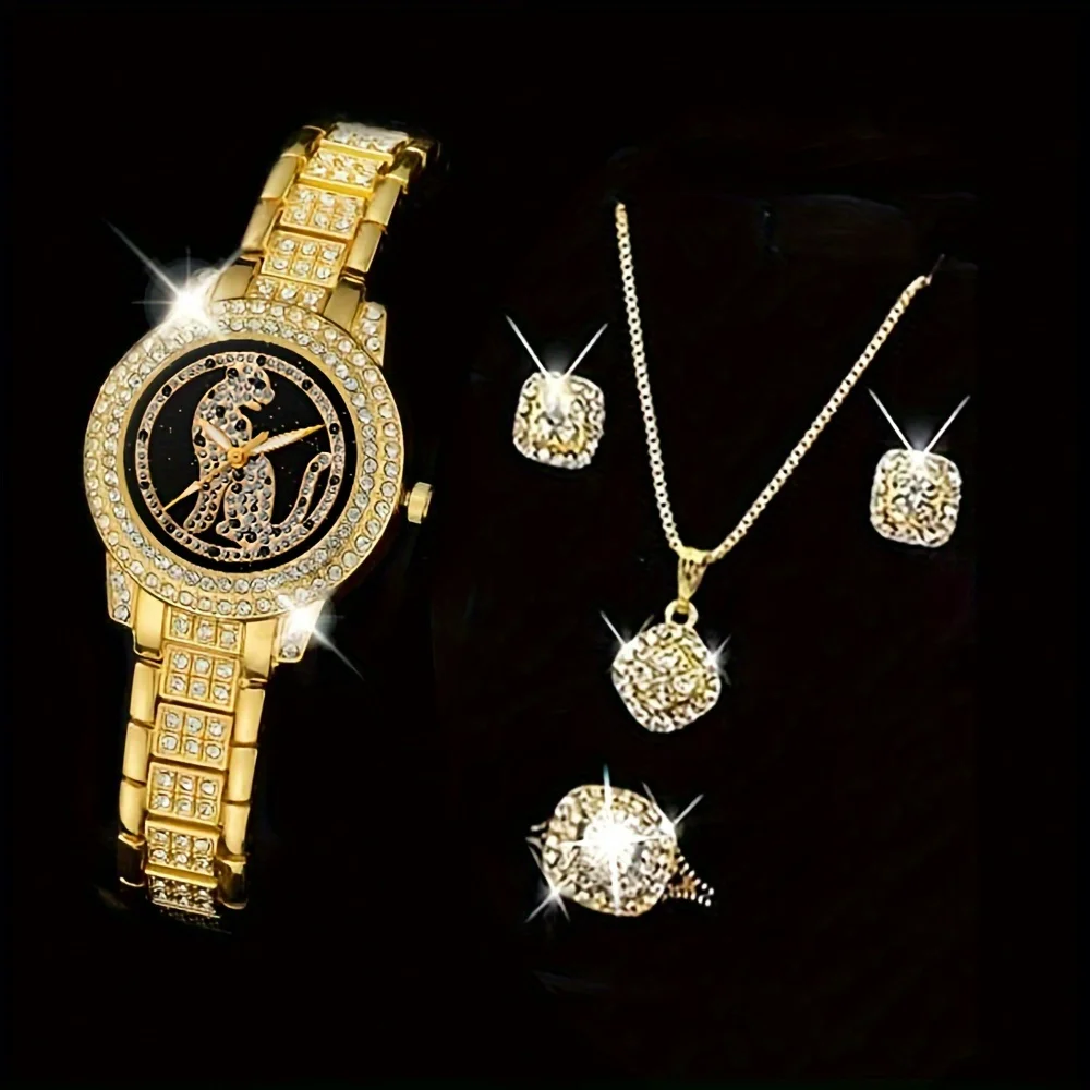 

5pcs/set Women's Watch Cheetah Leopard Quartz Watch Luxury Rhinestone Analog Wrist Watch & Jewelry Set, Gift For Mom Her