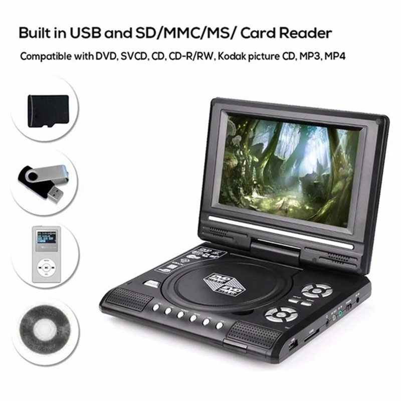 Portable 7.8 Inch HD TV Home Car DVD Player HD VCD CD MP3 HD EVD Player With TV/FM/USB/Game Function Car Audio -US Plug