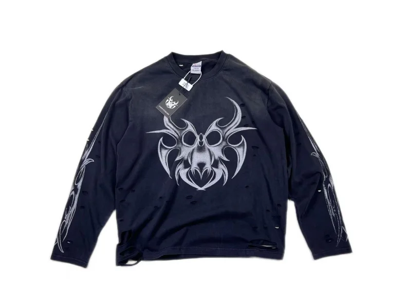 CHEW FOREVER Black Crew Neck Hip-Hop Skull Long-Sleeve T-Shirt for Men Women Retro Distressed Casual Loose Fit New Top