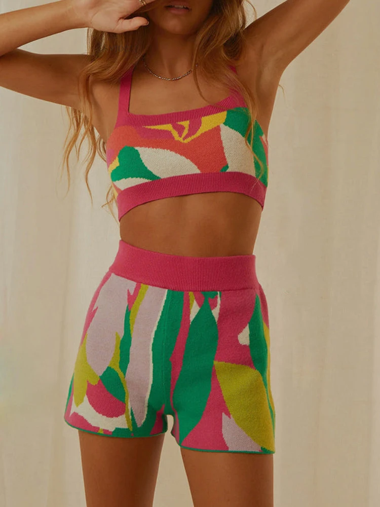 Вязаный купальник с принтом, Женские винтажные бикини, шорты с высокой талией, купальник из двух частей, новинка 2023, пляжная одежда, купальный костюм, сексуальное бикини