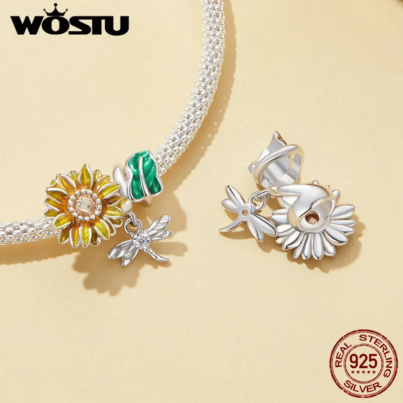 WOSTU 925 Sterling Silver Sunflower Charm Silica Flower Gel Charm Safety Chain for Women Fit Bracelet Necklace Fine Jewelry Gift