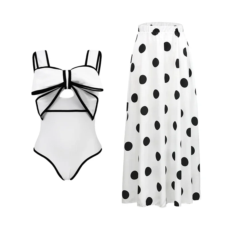 Bikini Set Black And White Colorblocked One Piece Swimsuit Women Swimwear Slim Fit Open-back Bow Design Bikini Dot Skirt