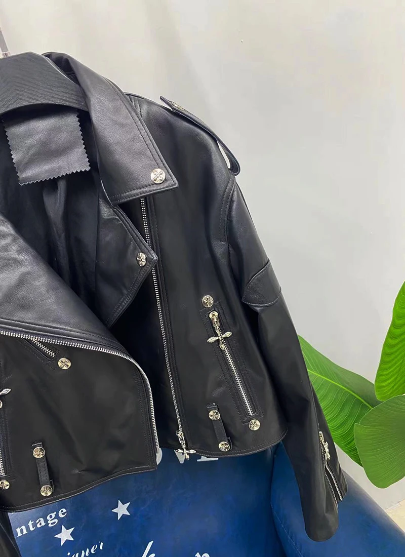 معطف نسائي رائع من الجلد ort Jaet مصنوع من الجلد الطبيعي لراكبي الدراجات النارية للربيع والخريف وصل حديثًا بقصة ضيقة وسحاب طويل