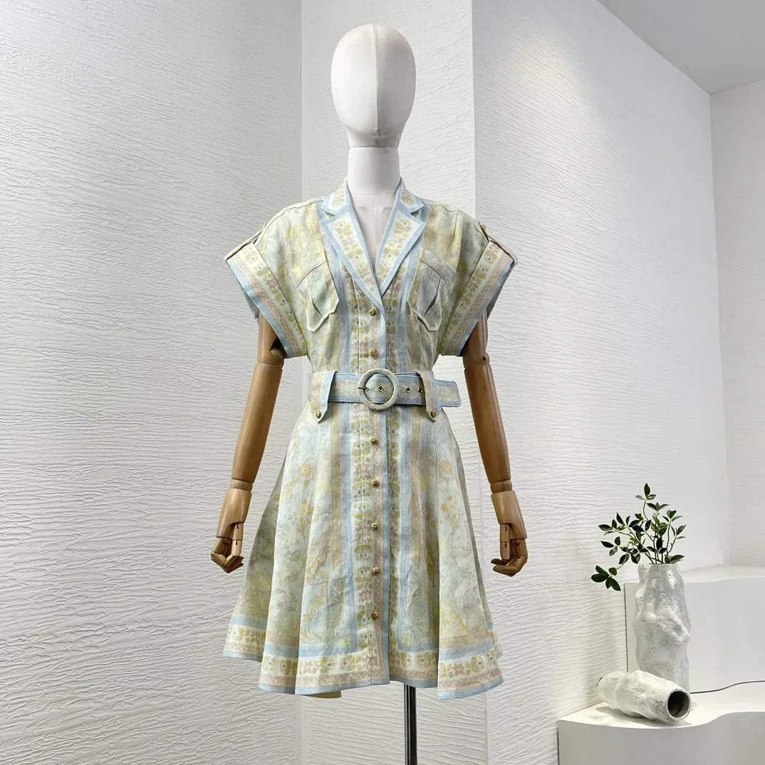 Pure Linen New High Quality Light Green Floral Print Short Sleeve Women Belted Holiday Mini Dress