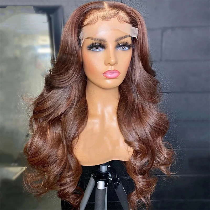 Long Body Wave Synthetic Wigs Middle Part Dark Brown Highlight  Brown Wig Loose Wave Wig for Black Women Brazilian HD Wigs