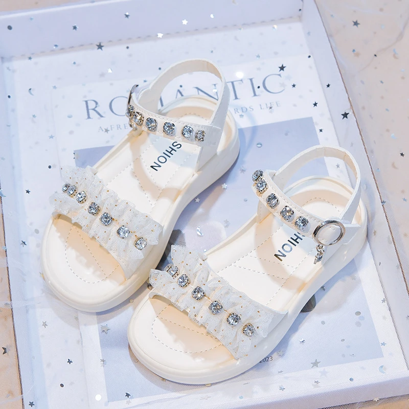 Girls Casual Shoes Sweet Lace Shiny Crystal Kids Sandals Open Toes Soft 2026 Summer New Children Beach Shoes Non-slip Trendy