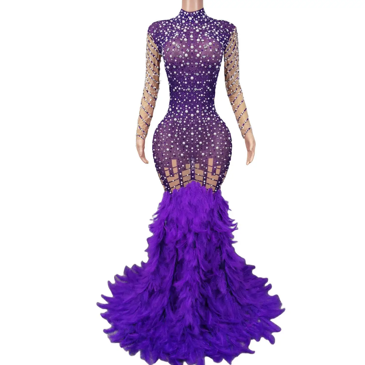 

Sparkly Purple Feather Trumpet Dress Women Sexy Nightclub Long Dress Prom Costumes Birthday Celebrate Party Dresses Liantiyumao