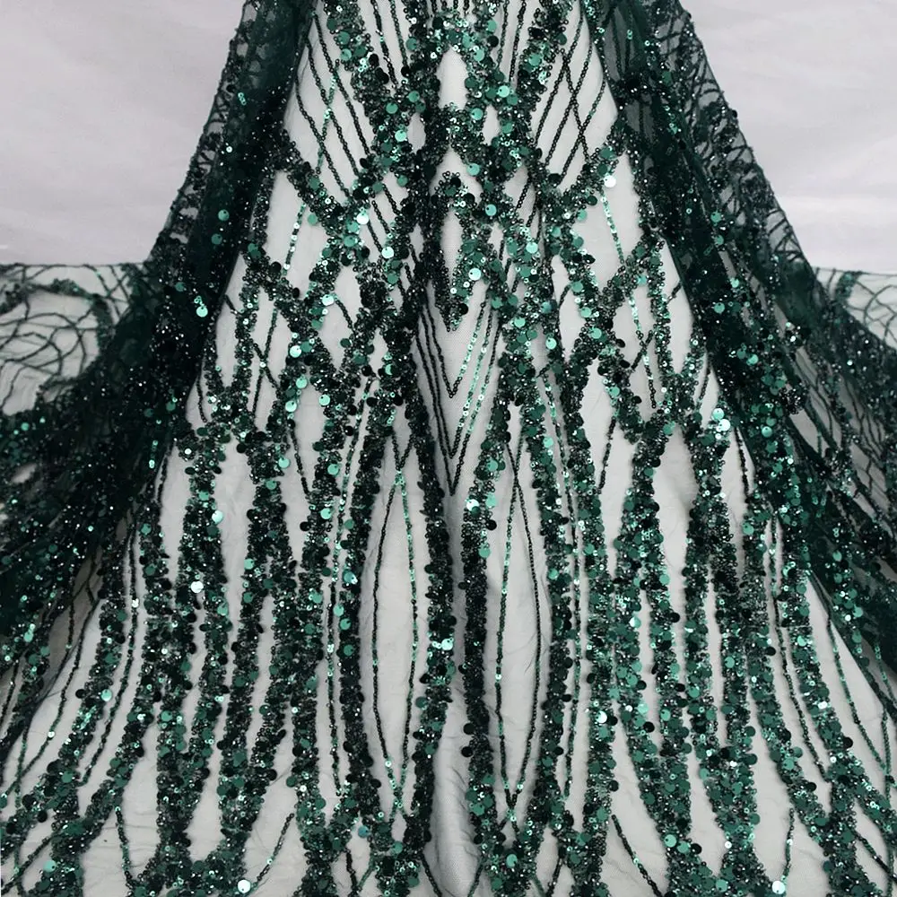 1 Yard Emerald Green BridalNigerian French Net Lace Fabric African High Quality Sequined Tulle Wedding Dress with Sequins HY2317