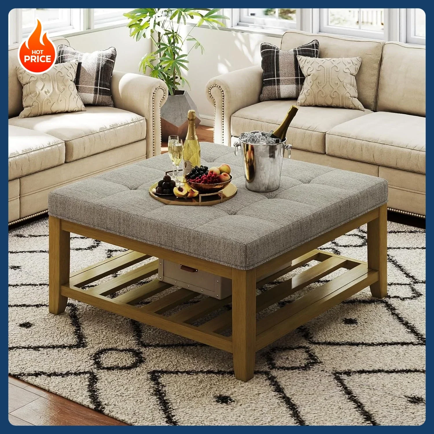 

[Discounted Price!]Large Square Ottoman Coffee Table, Linen Solid Upholstered Footrest Ottoman with Solid Wood Shelf Storage Tuf