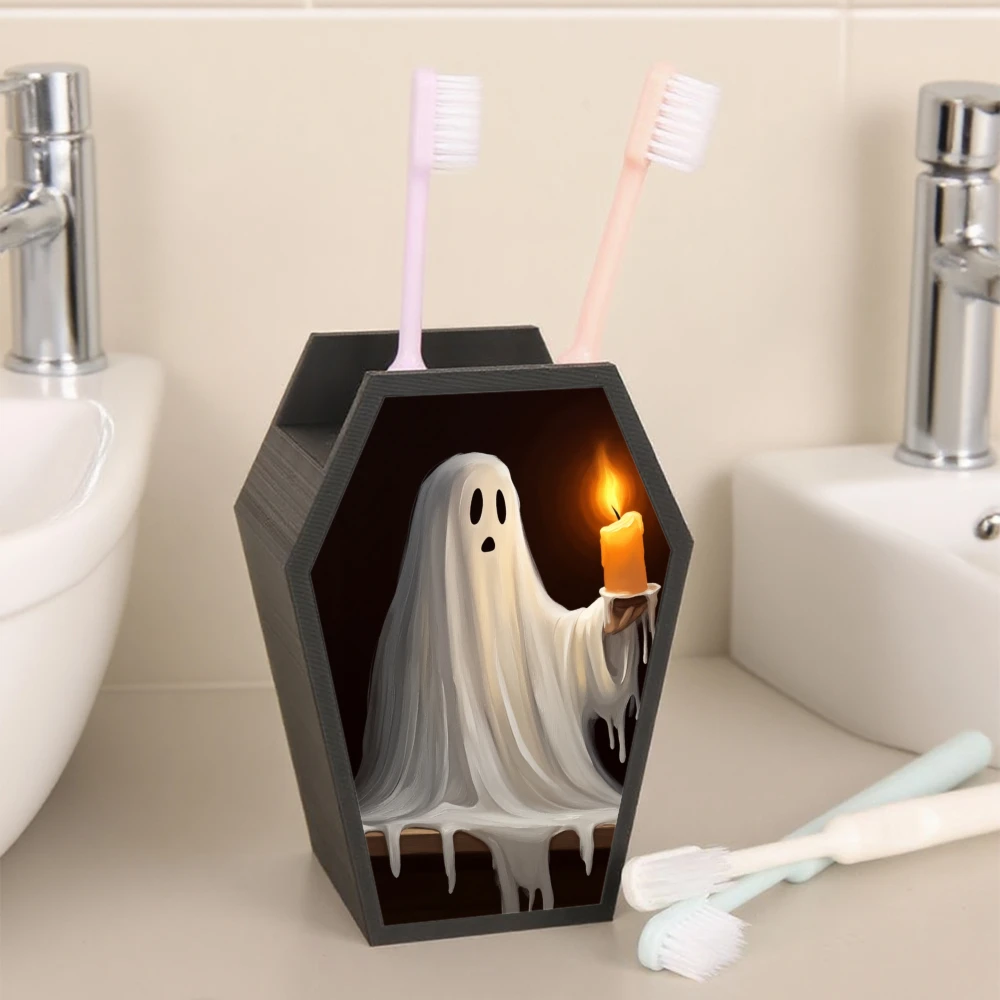 Cross-border Gothic Coffin Shaped Toothbrush Holder With Ghost Holding Candle Print, Multi-grid Bathroom Vanity Toothpaste Tooth