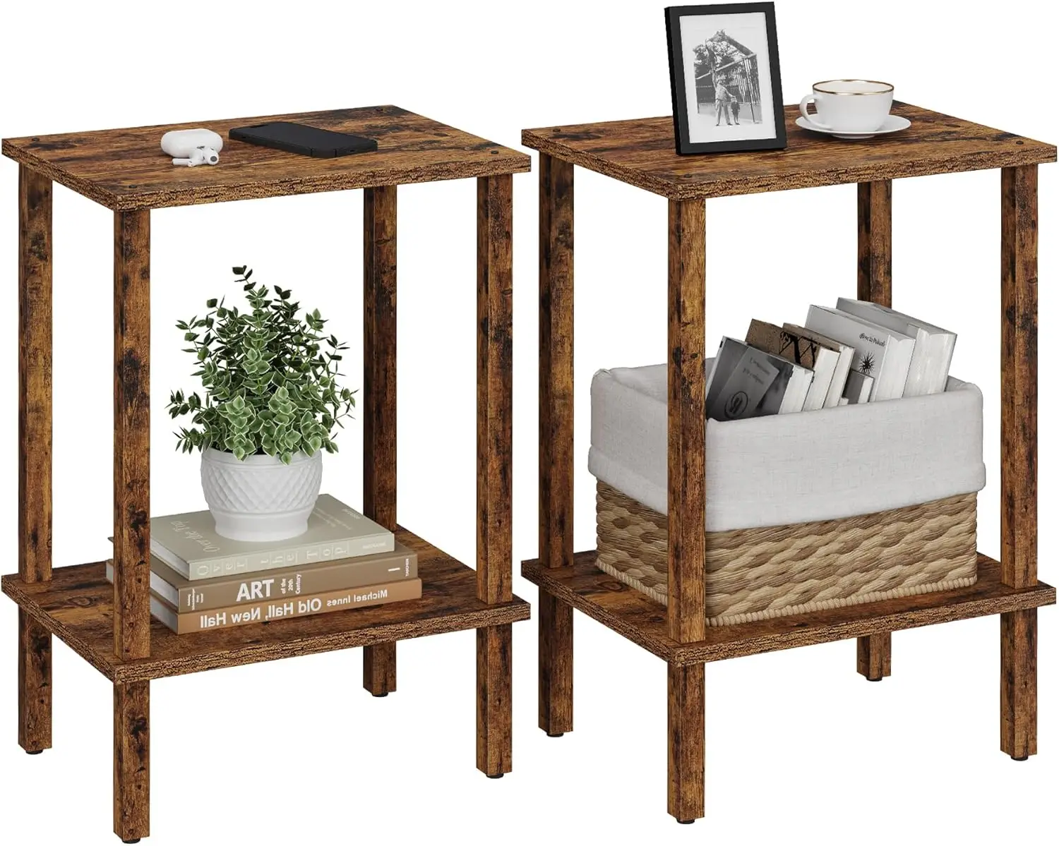 

End Table, Set of 2, Side Table, Nightstand, 2-Tier Storage Shelf, Sofa Table for Small Space, Living Room, Bedroom, Brown TB