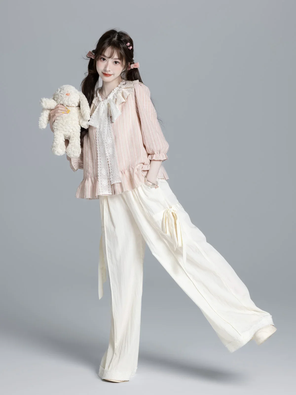 Japanese Sweet Preppy Style Lace-up Bow Doll Collar Flare Sleeve Blouse Loose Casual Ruffles Striped Shirt Top For Women Autumn