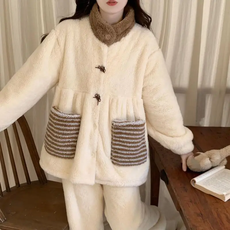 

Korean Style Women's Coral Fleece Pajama Set Cute Fleece Lined Winter Warm Sleepwear Cozy Comfortable Loungewear Homewear Autumn