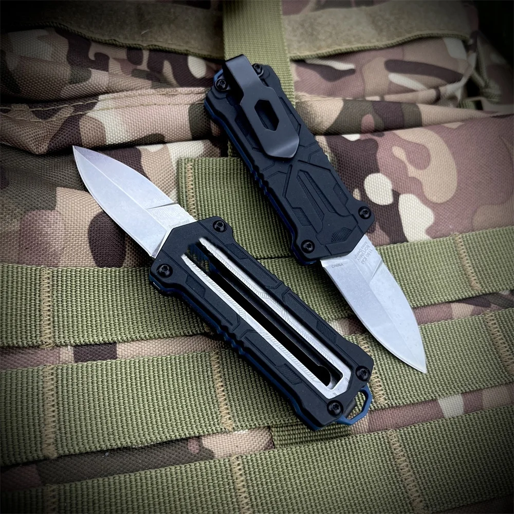 Canivete de Abertura Manual EDC, Lâmina Ponta de Lança Stonewashed de 1.9 Polegadas, Cabo de Fibra de Nylon Preto, Ferramenta Multiuso Prática para Atividades ao Ar Livre