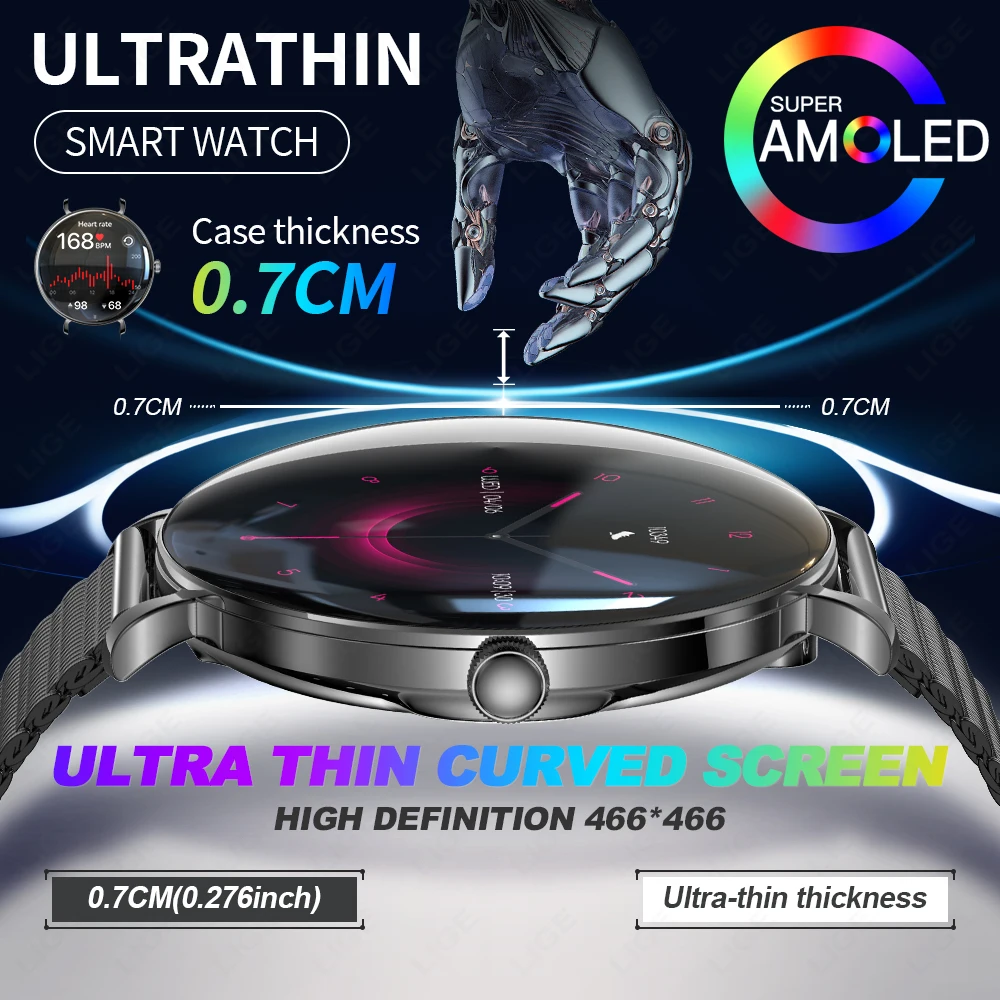 

Умные часы LIGE Fashion 1.43" AMOLED для женщин, ультратонкий женский смарт-браслет, часы с функцией звонков по Bluetooth, мониторинг сердечного ритма, управление менструальным циклом.