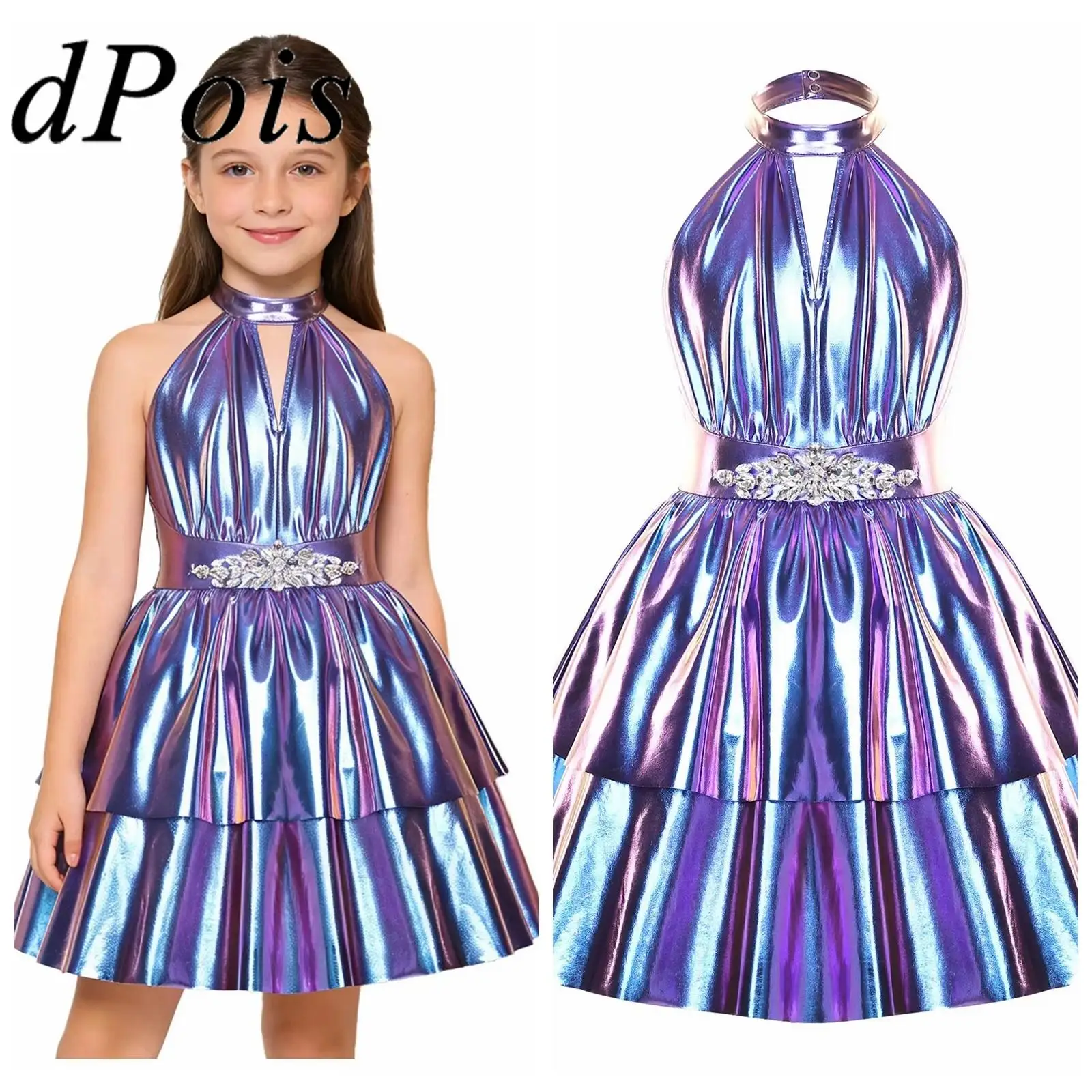 

Элегантный костюм для джазовых танцев на день рождения для девочек, блестящее металлическое вечернее платье для дискотеки, музыкальный фестиваль, платье с лямкой на шее и открытой спиной, детское платье