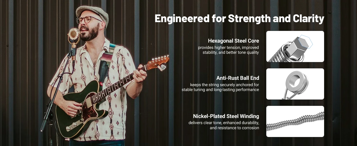 E-Gitarrensaiten, Gitarrensaiten mit Kugelende und vernickelter Stahlwicklung, Sechskantkern und Rostschutzbeschichtung, 9-42 Super Light Gauge – Detail 3