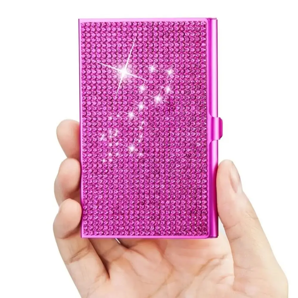 

Aluminum Alloy Diamond Metal Business Card Case Small Snap Rhinestone Business Card Box 10-20 Sheets Capacity