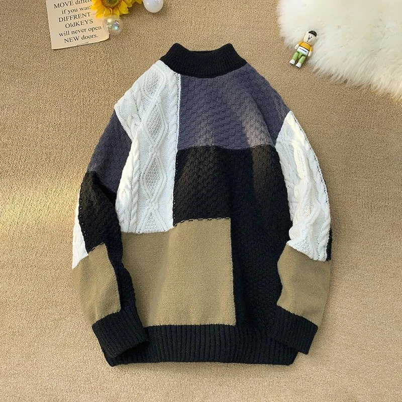 Japanese Contrast Sweater Men's Autumn and Winter New Fashion Stitching Sweater Retro Cuff Micro-elastic Round Neck Knit Top